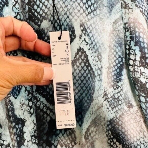 Elie Tahari Dia Gathered Snake-Print Silk-Satin Mini Dress Turquoise Size 4 - Picture 10 of 15